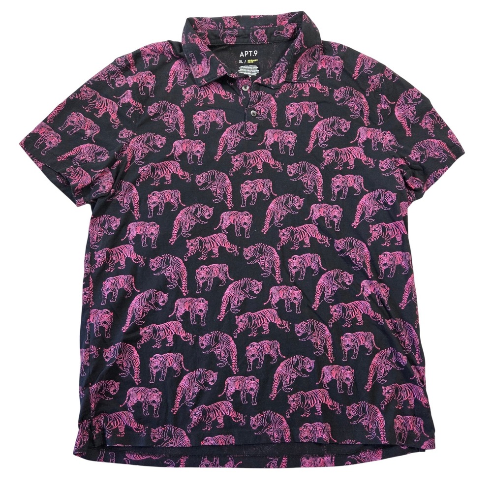 Apt 9 Mens XL Premier Flex Polo Shirt Black Pink Tiger Print Cotton Short Sleeve
